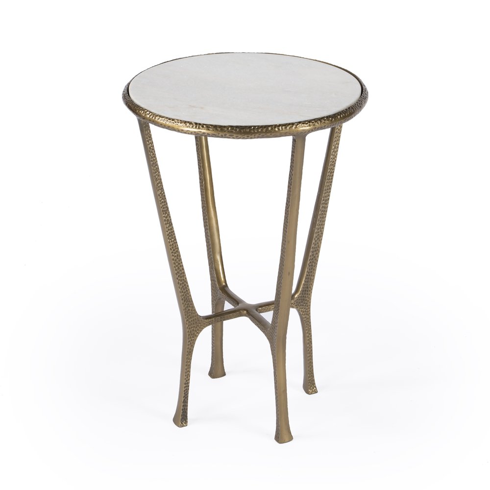White and Gold Distressed Marble and Aluminum Round End Table