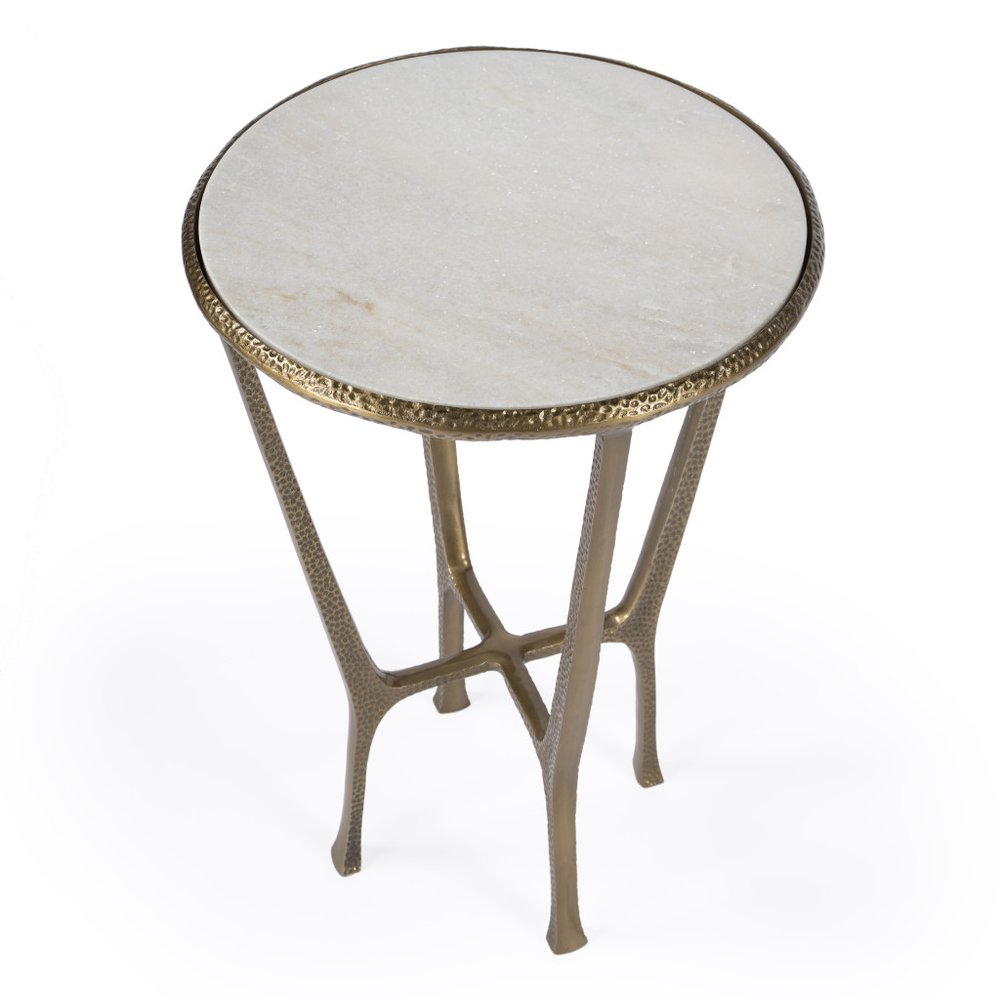 White and Gold Distressed Marble and Aluminum Round End Table