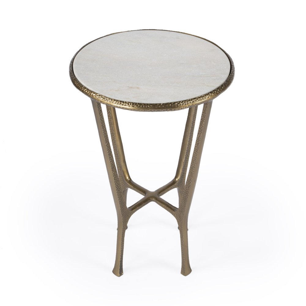 White and Gold Distressed Marble and Aluminum Round End Table