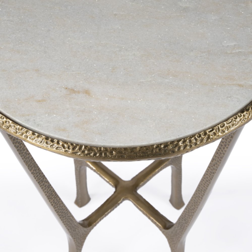 White and Gold Distressed Marble and Aluminum Round End Table