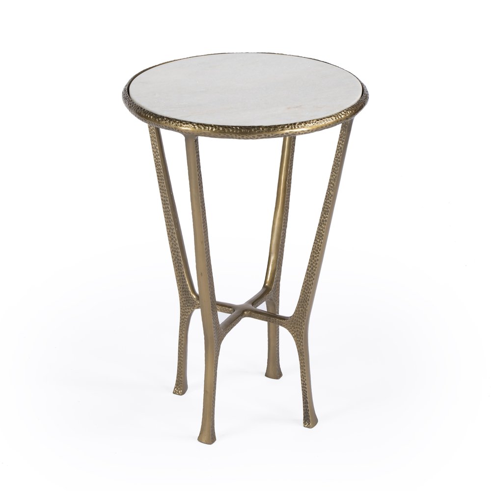 White and Gold Distressed Marble and Aluminum Round End Table