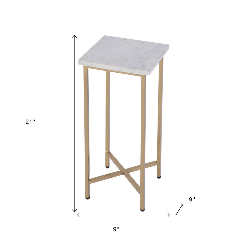 White and Gold Distressed Marble and Iron Square End Table - 21-inch