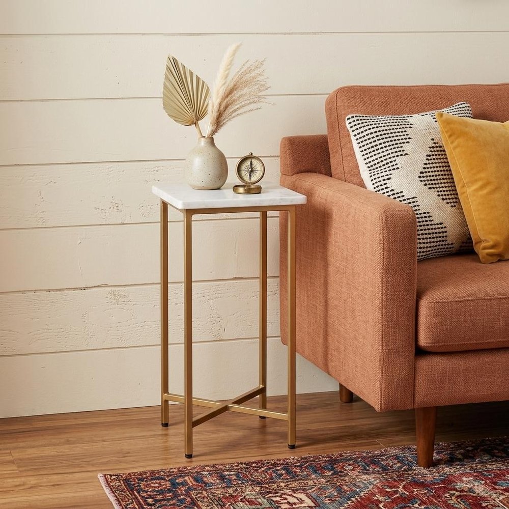 White and Gold Distressed Marble and Iron Square End Table - 21-inch