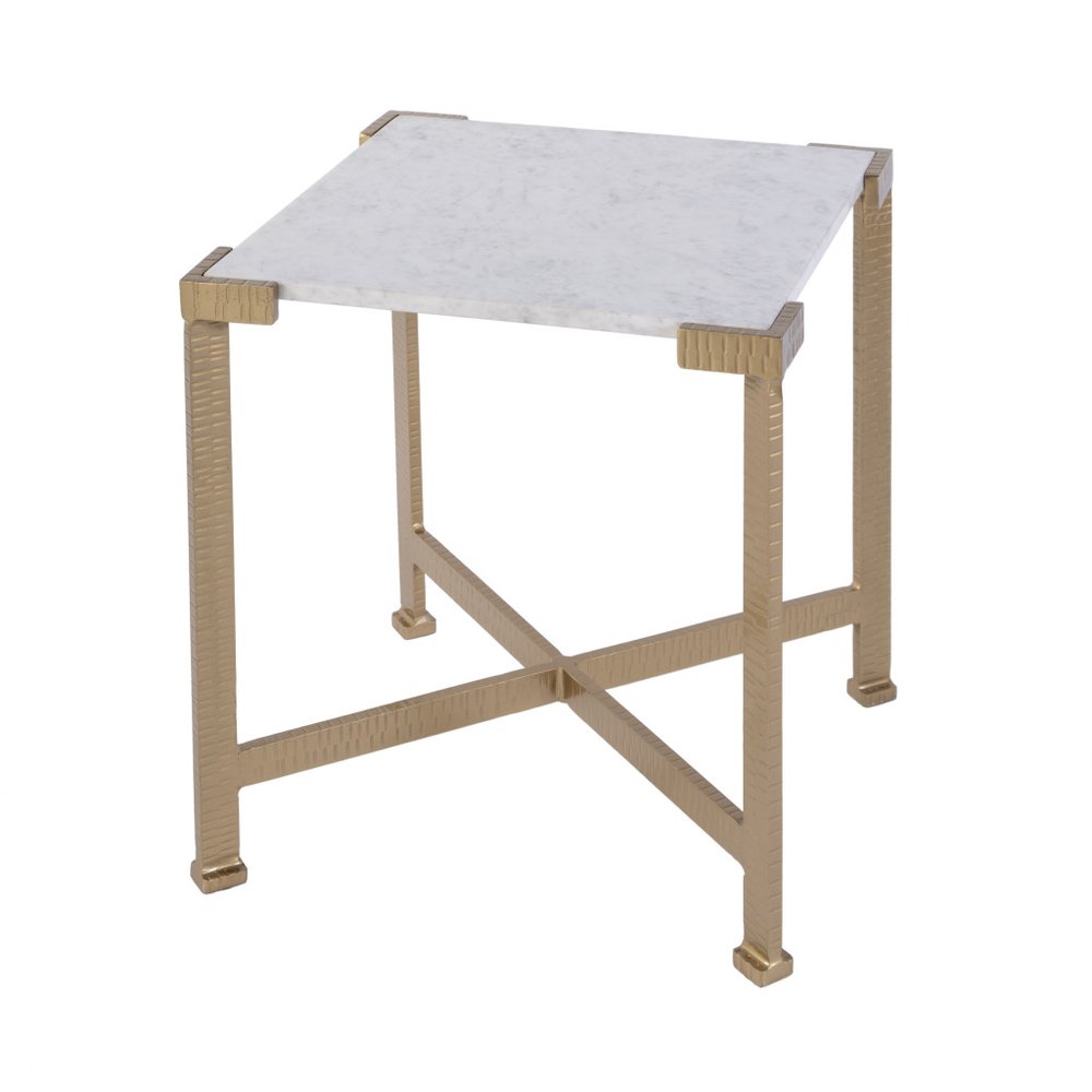 White and Gold Distressed Marble and Iron Square End Table - 20-inch
