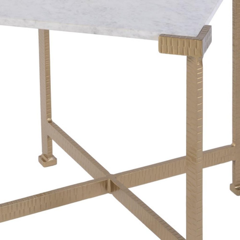 White and Gold Distressed Marble and Iron Square End Table - 20-inch
