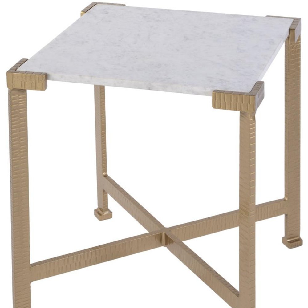 White and Gold Distressed Marble and Iron Square End Table - 20-inch