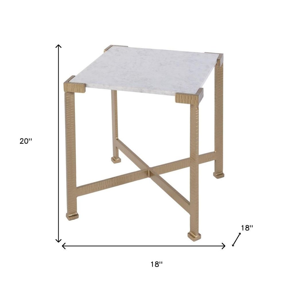 White and Gold Distressed Marble and Iron Square End Table - 20-inch