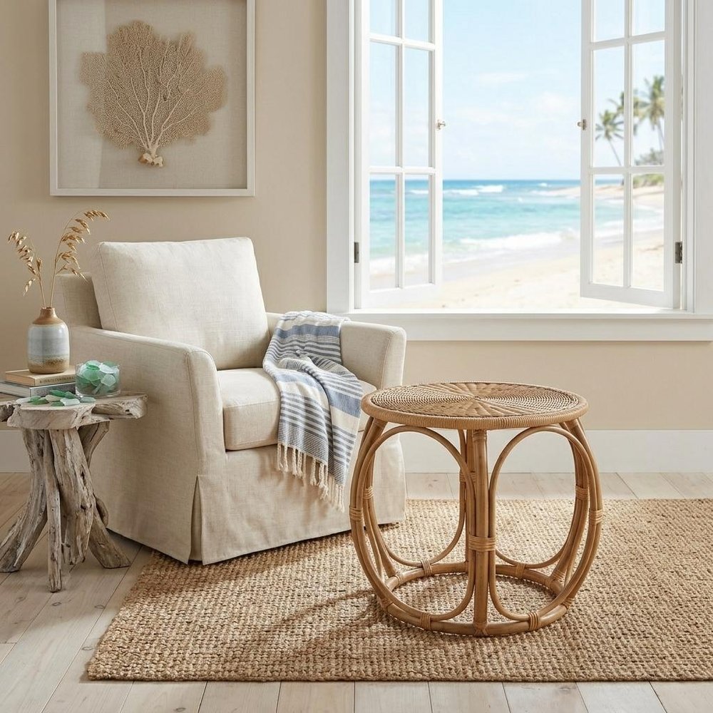 Natural Rattan Round Drum End Table - 24-inch