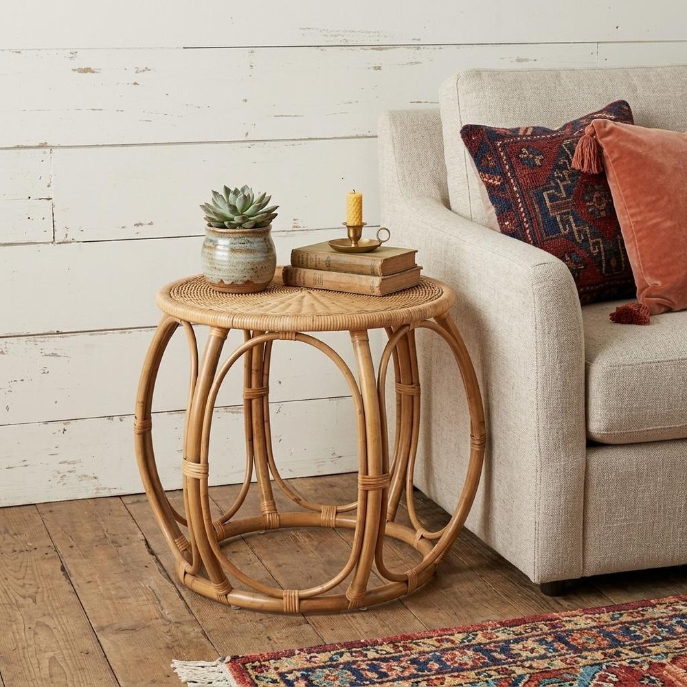 Natural Rattan Round Drum End Table - 24-inch
