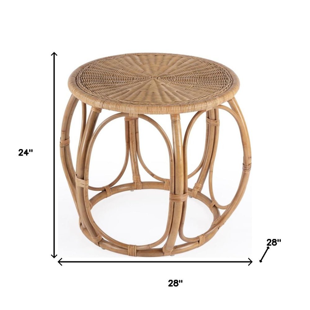 Natural Rattan Round Drum End Table - 24-inch