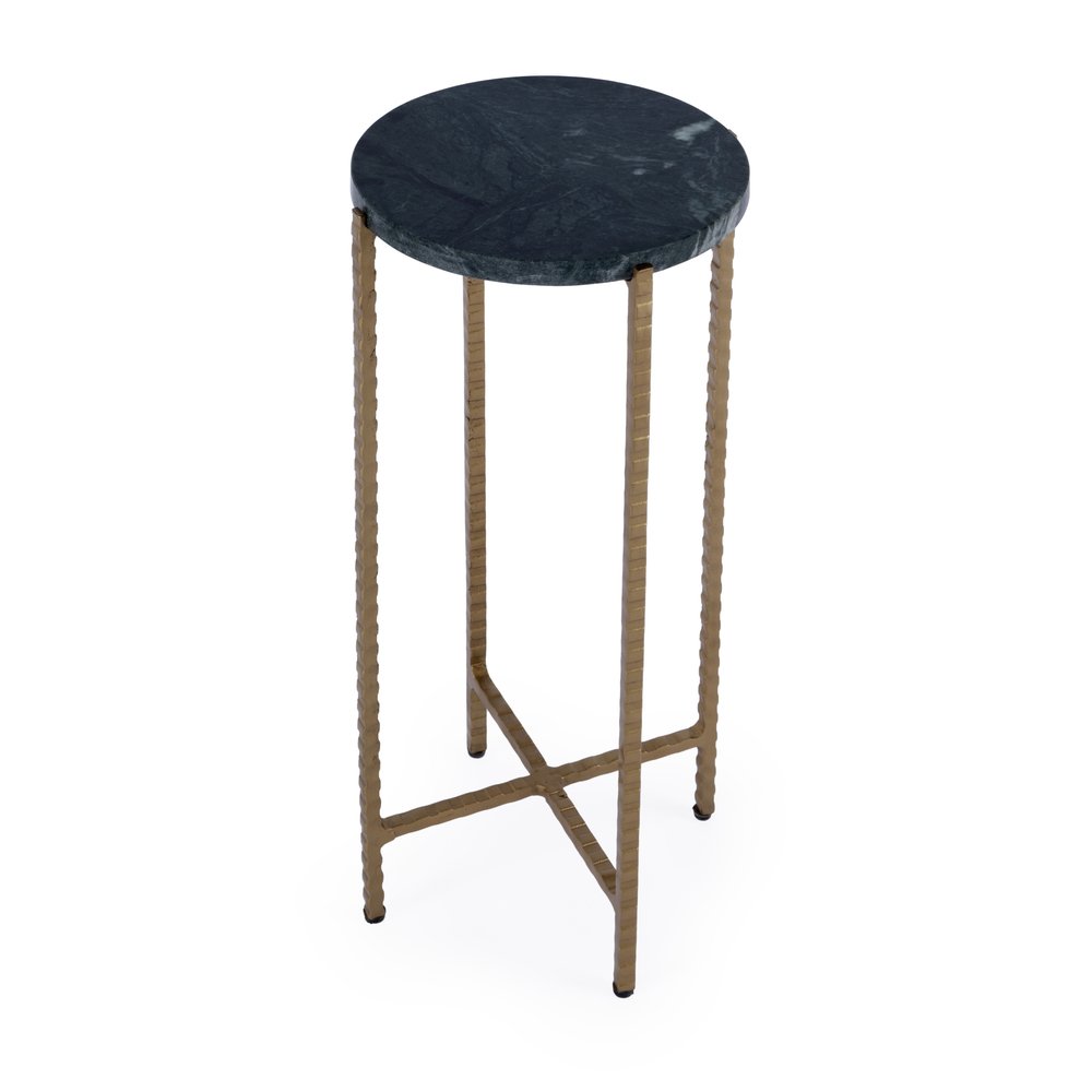 Green and Gold Marble and Iron Drink Size Round End Table - 21-inch