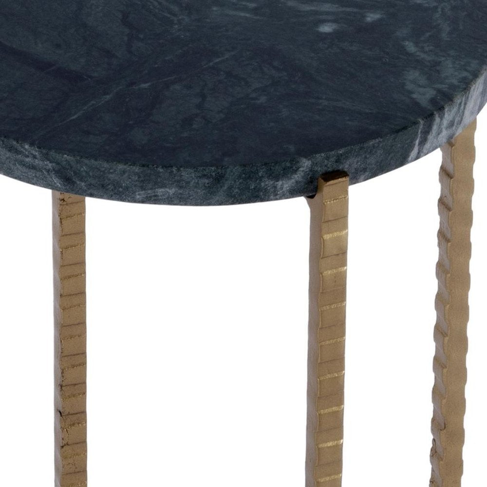 Green and Gold Marble and Iron Drink Size Round End Table - 21-inch