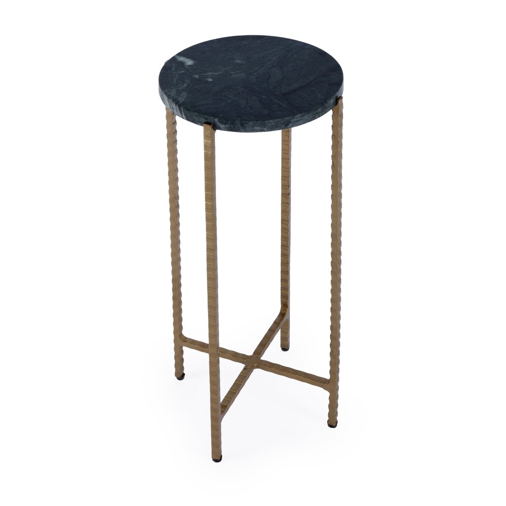 Green and Gold Marble and Iron Drink Size Round End Table - 21-inch