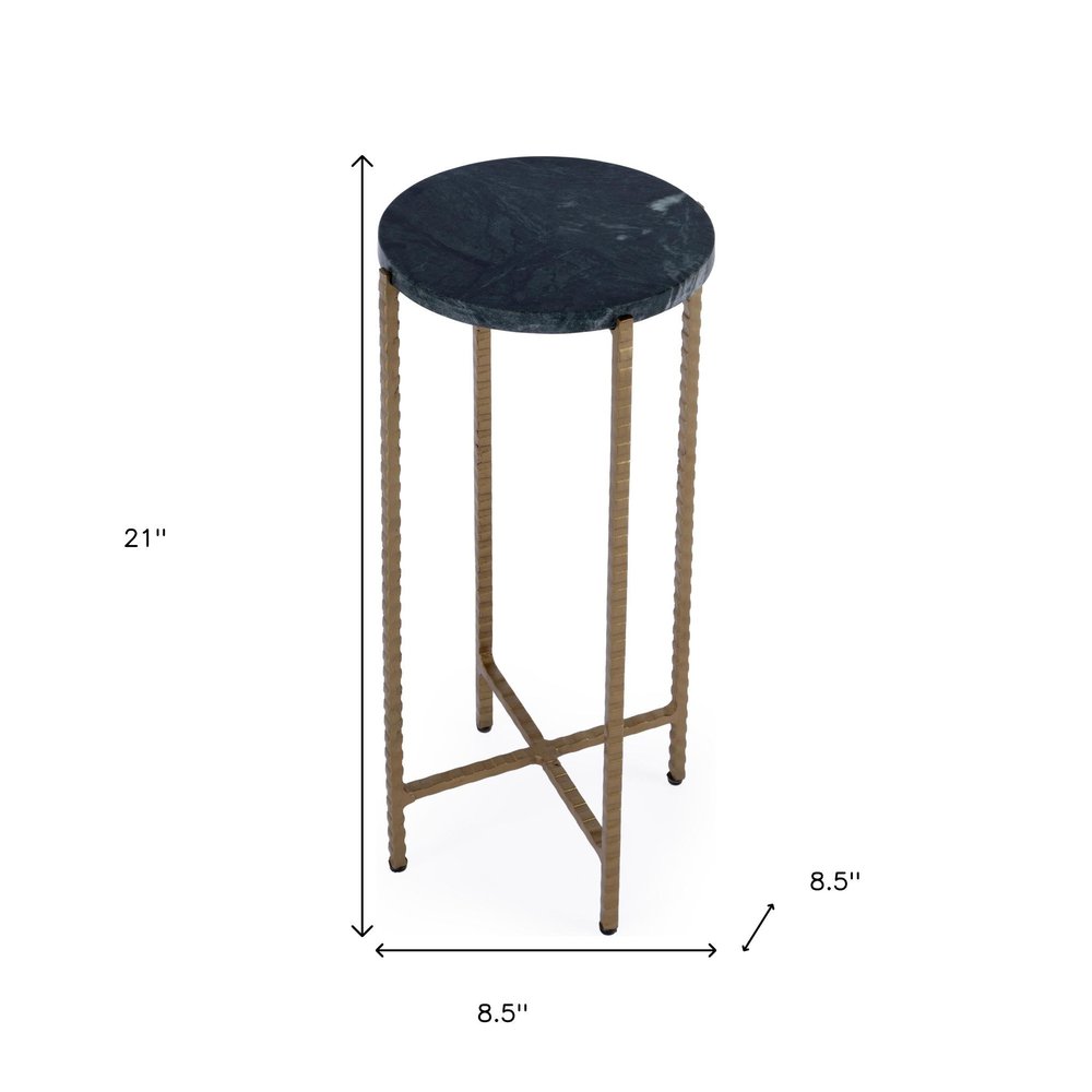Green and Gold Marble and Iron Drink Size Round End Table - 21-inch