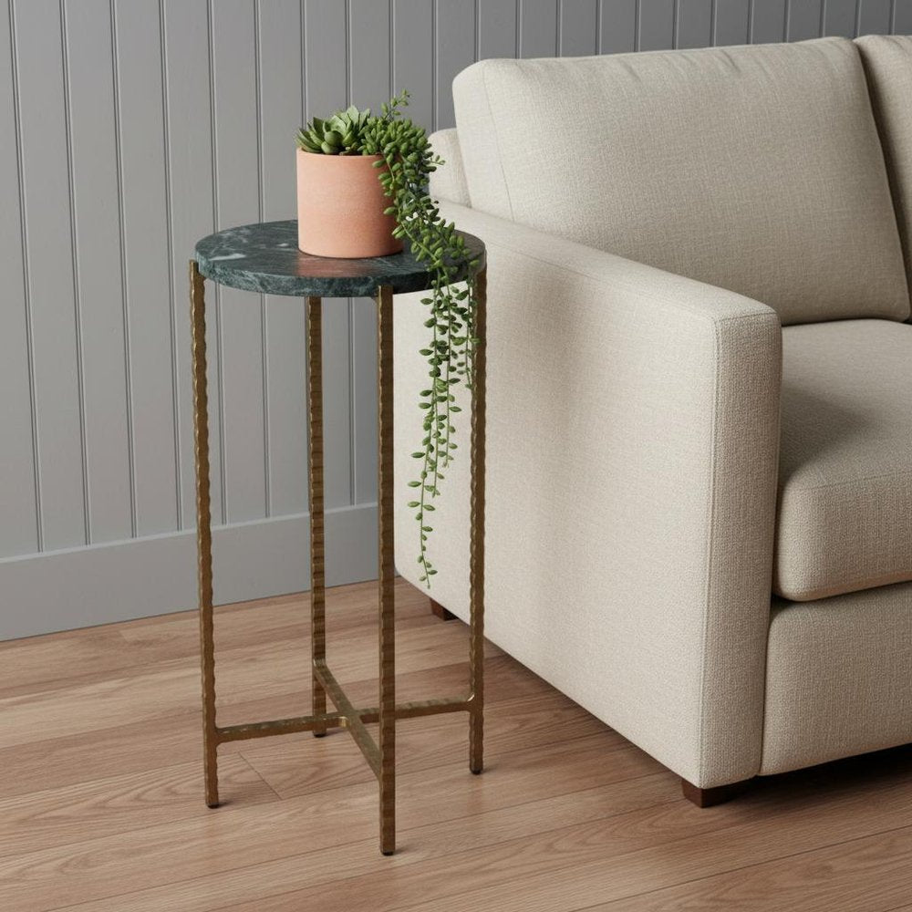 Green and Gold Marble and Iron Drink Size Round End Table - 21-inch
