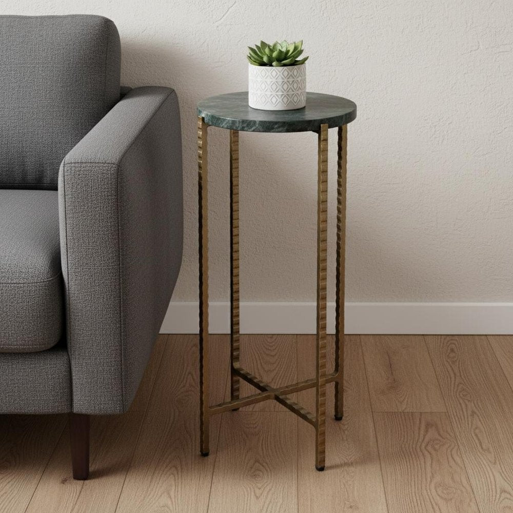 Green and Gold Marble and Iron Drink Size Round End Table - 21-inch