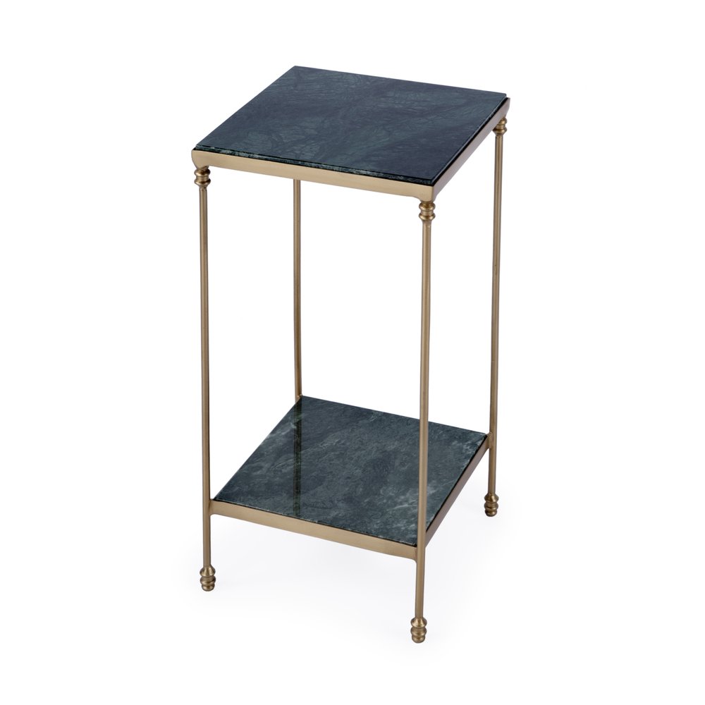 Green and Gold Marble and Iron Square End Table with Shelf - 24-inch