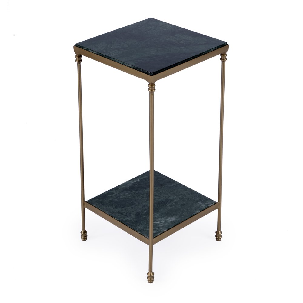 Green and Gold Marble and Iron Square End Table with Shelf - 24-inch