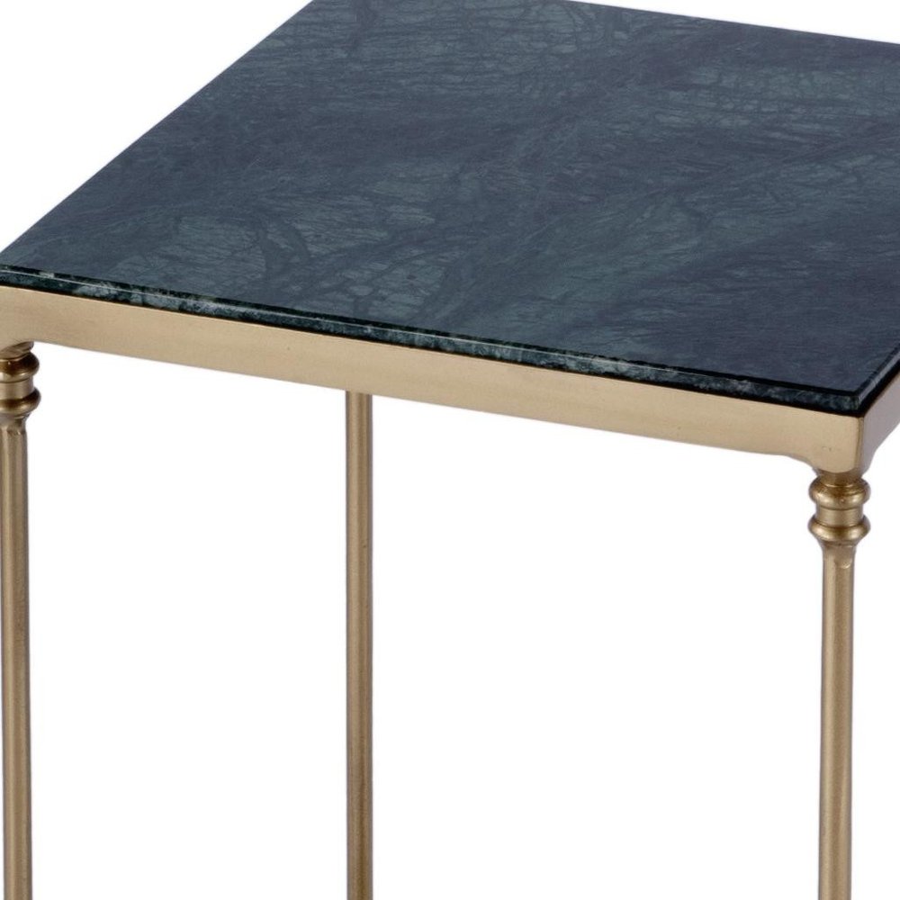 Green and Gold Marble and Iron Square End Table with Shelf - 24-inch