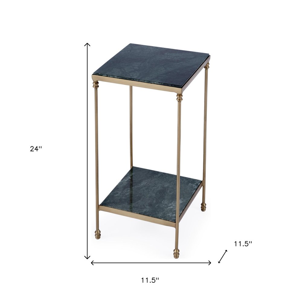 Green and Gold Marble and Iron Square End Table with Shelf - 24-inch