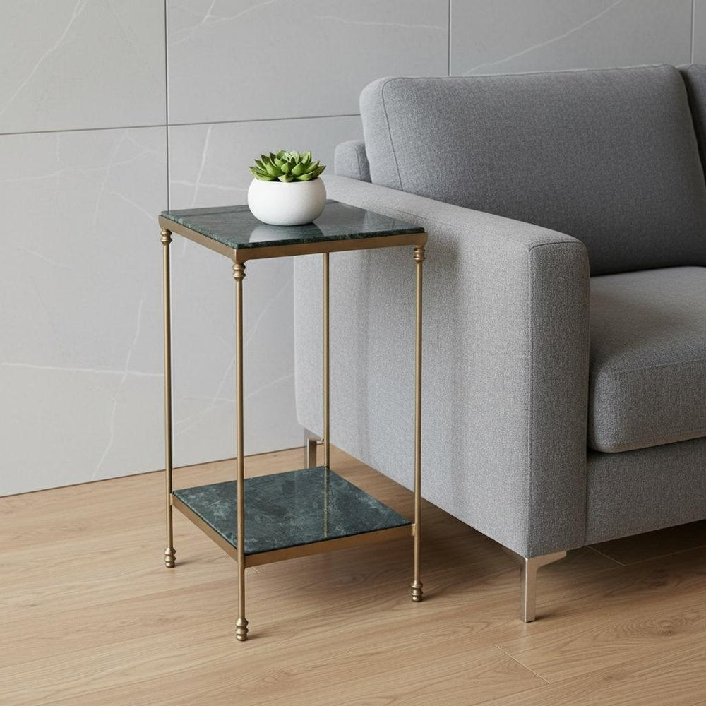 Green and Gold Marble and Iron Square End Table with Shelf - 24-inch