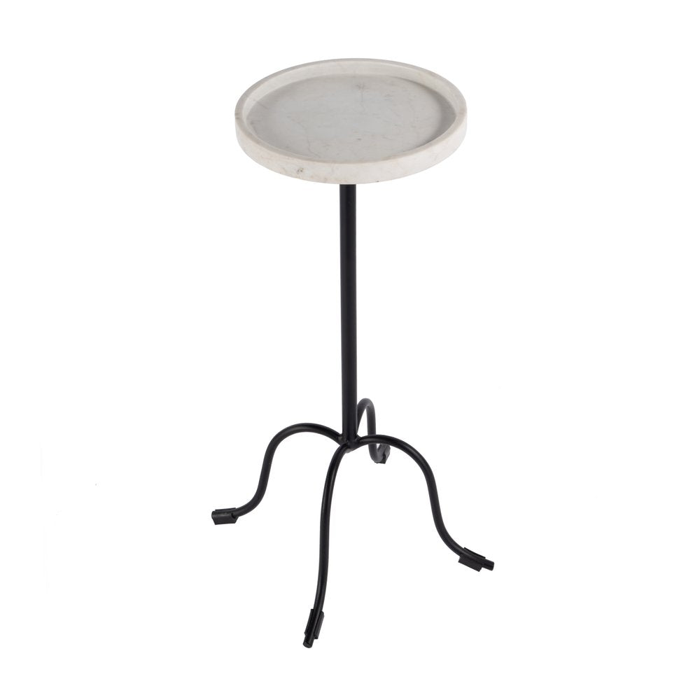White and Black Marble and Iron Round Pedestal End Table - 25-inch