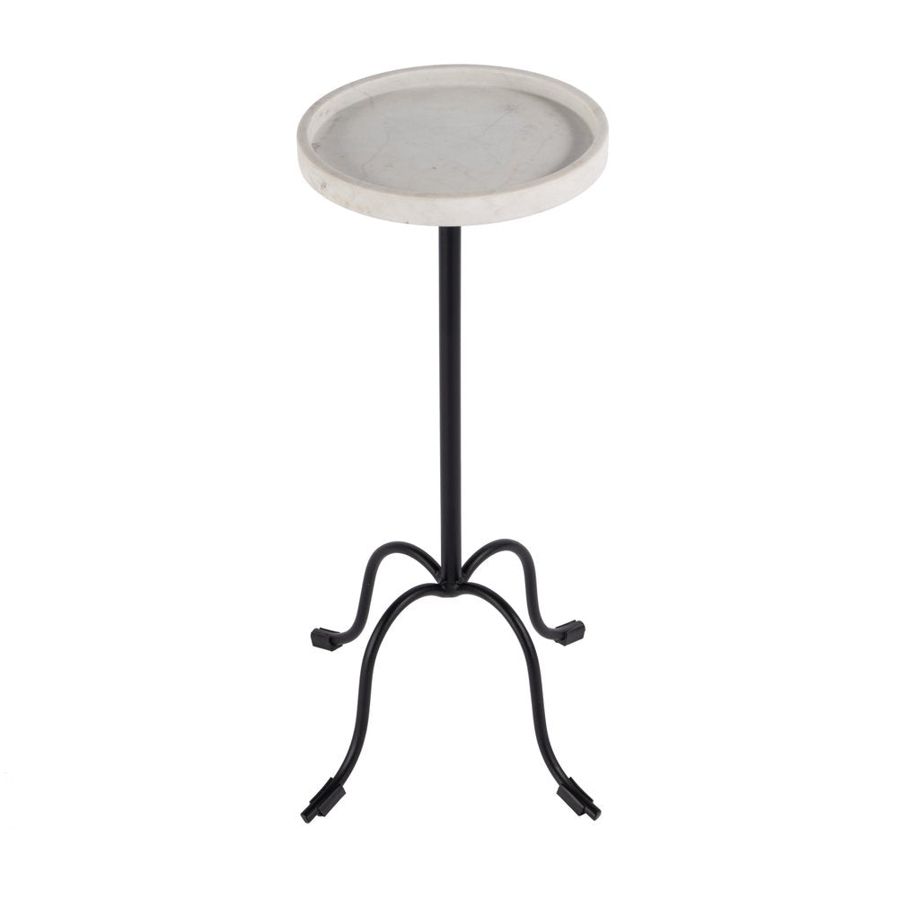 White and Black Marble and Iron Round Pedestal End Table - 25-inch