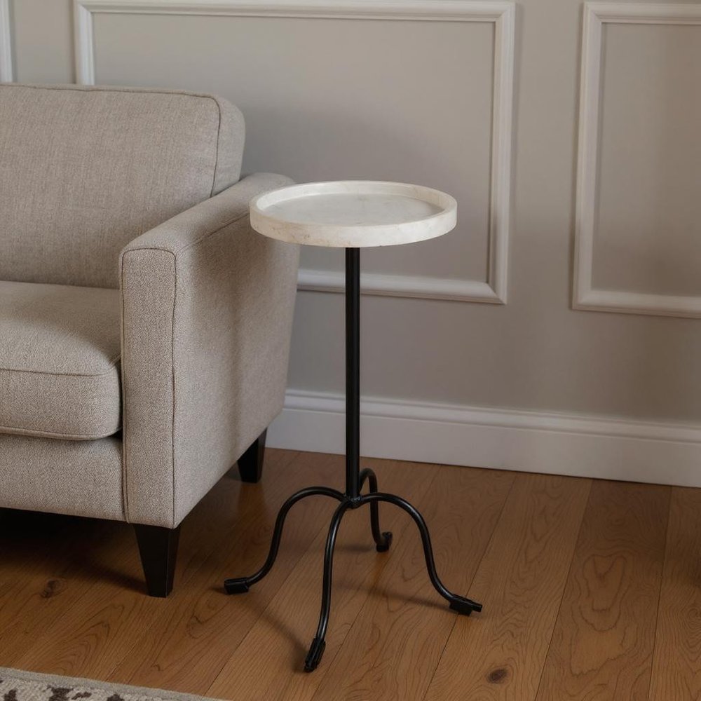 White and Black Marble and Iron Round Pedestal End Table - 25-inch