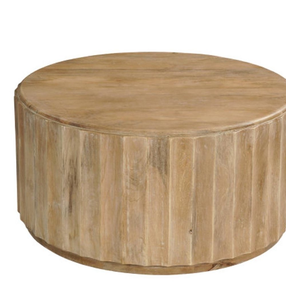 Two Piece Natural Solid Wood Round Drum Coffee and End Table Set