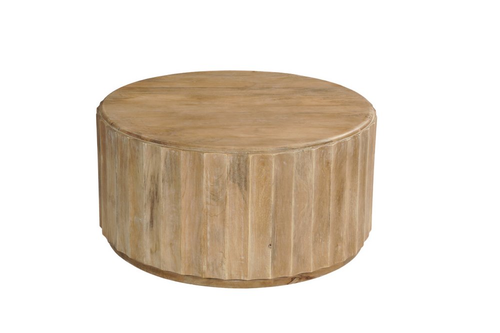 Two Piece Natural Solid Wood Round Drum Coffee and End Table Set