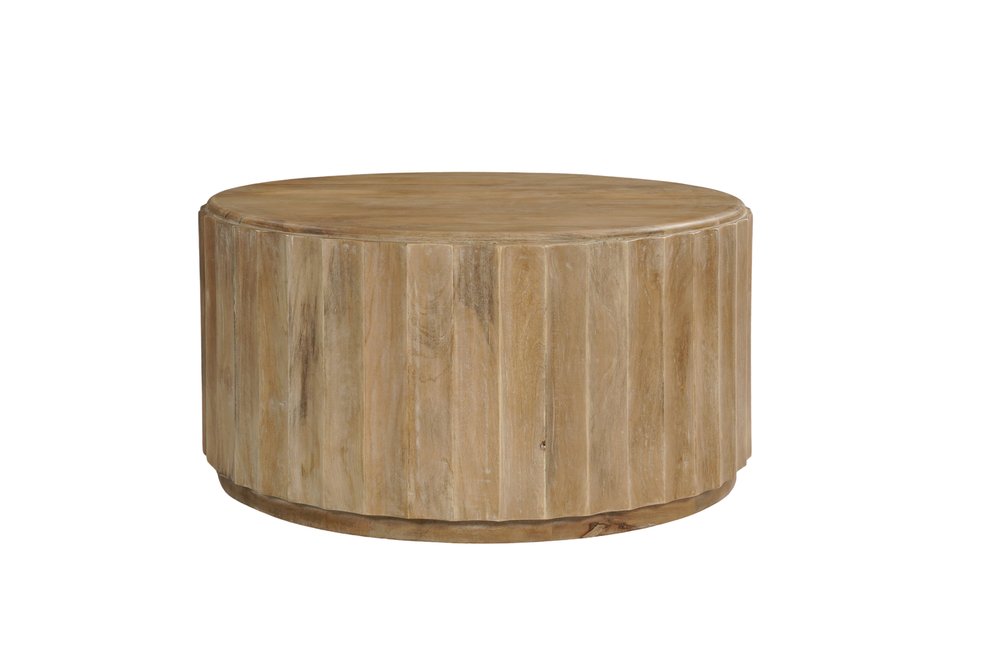 Two Piece Natural Solid Wood Round Drum Coffee and End Table Set