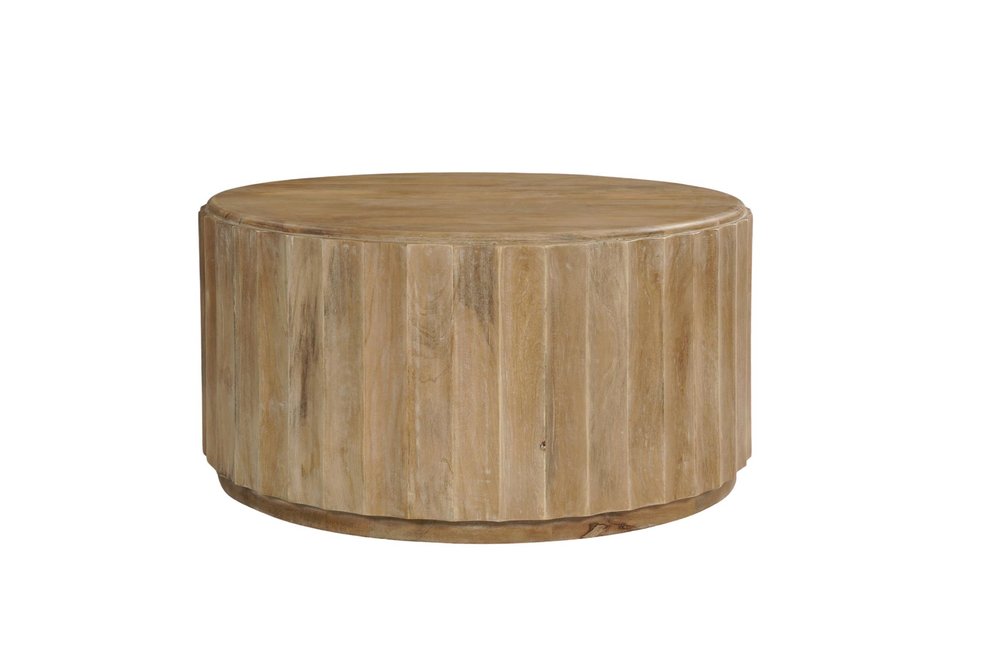 Two Piece Natural Solid Wood Round Drum Coffee and End Table Set