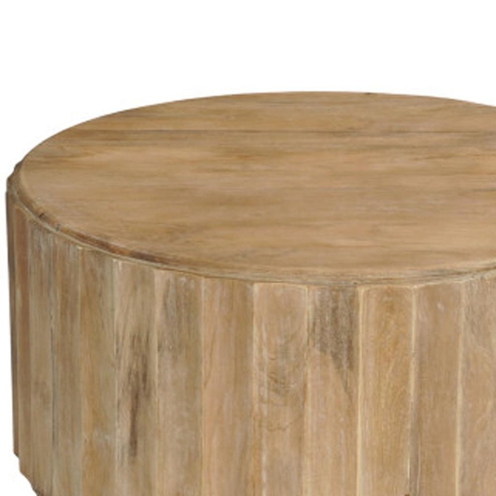 Two Piece Natural Solid Wood Round Drum Coffee and End Table Set