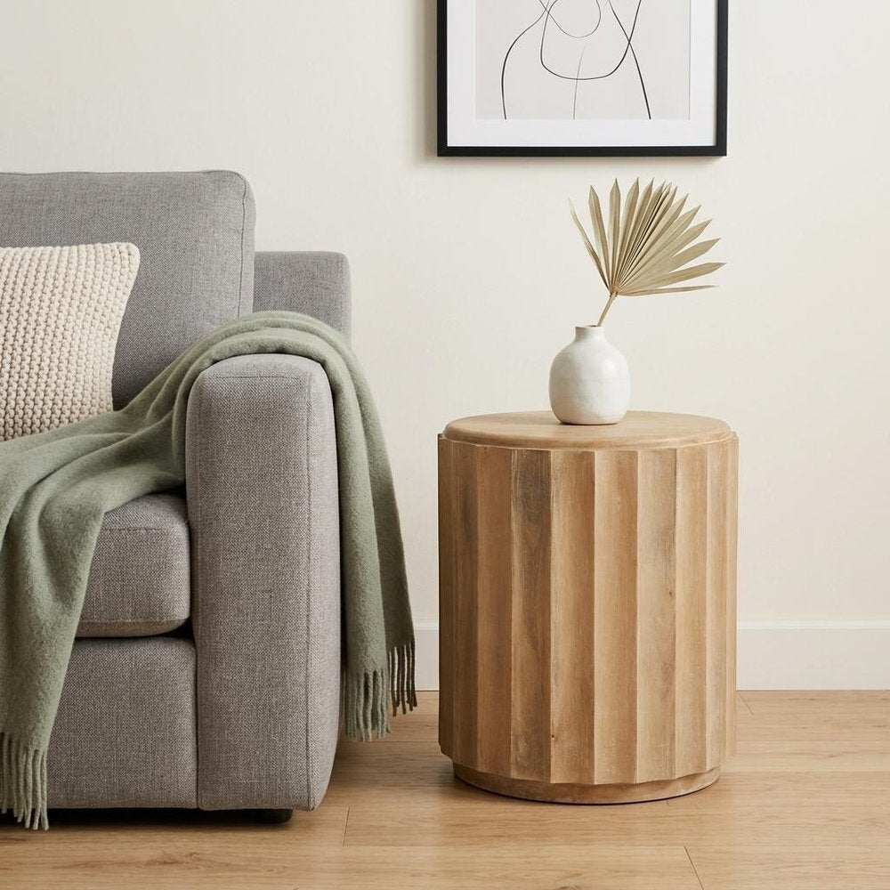 Brown Solid Wood Round Block End Table - 23-inch