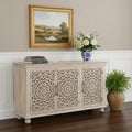 White Solid Wood Carved Floral Sideboard with Three Doors - 72-inch