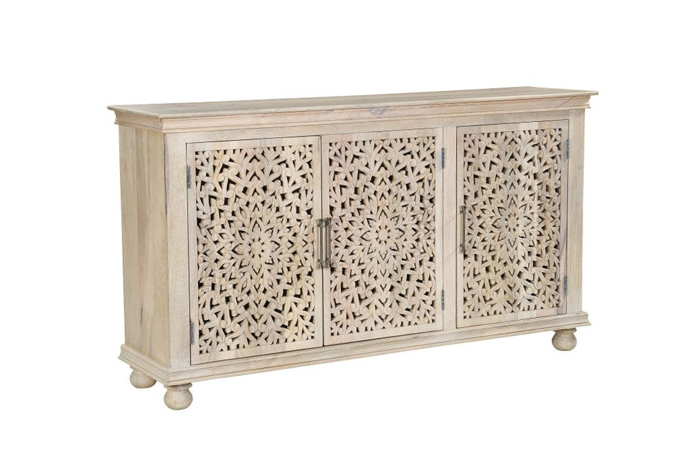 White Solid Wood Carved Floral Sideboard with Three Doors - 72-inch