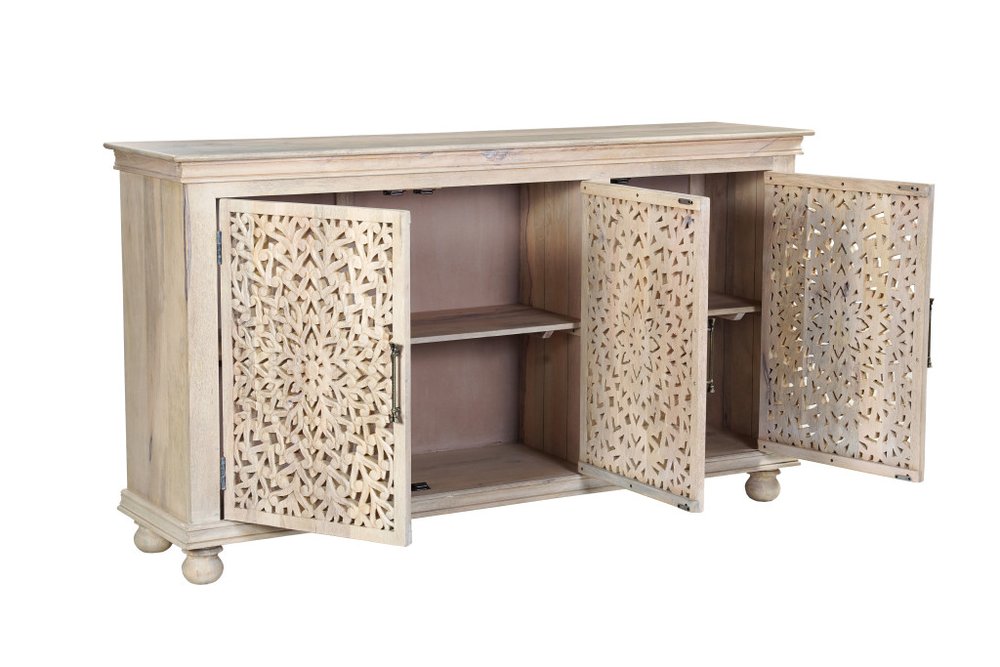 White Solid Wood Carved Floral Sideboard with Three Doors - 72-inch