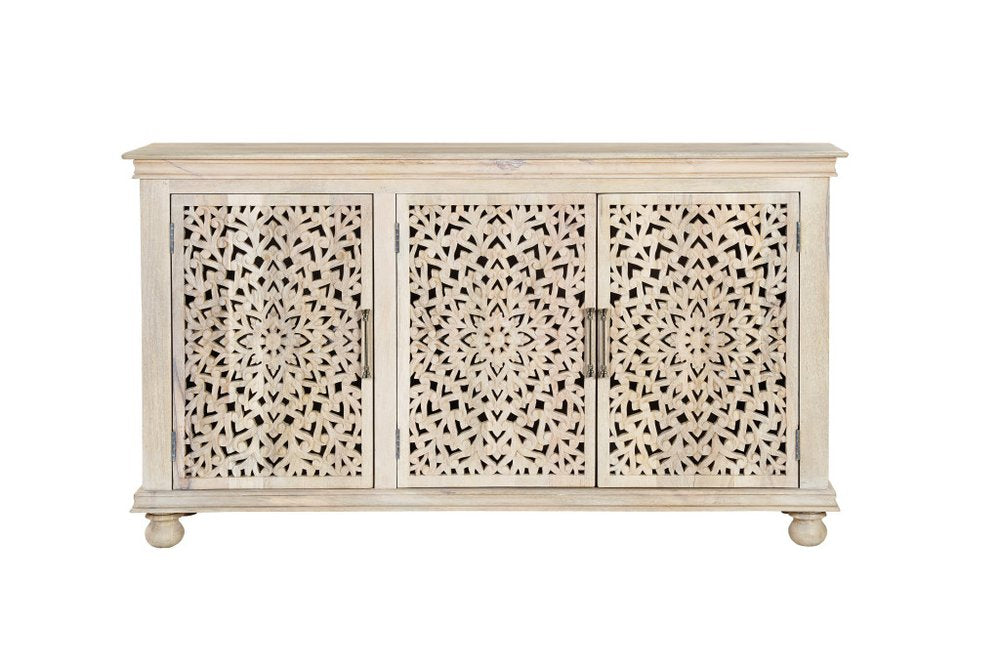 White Solid Wood Carved Floral Sideboard with Three Doors - 72-inch