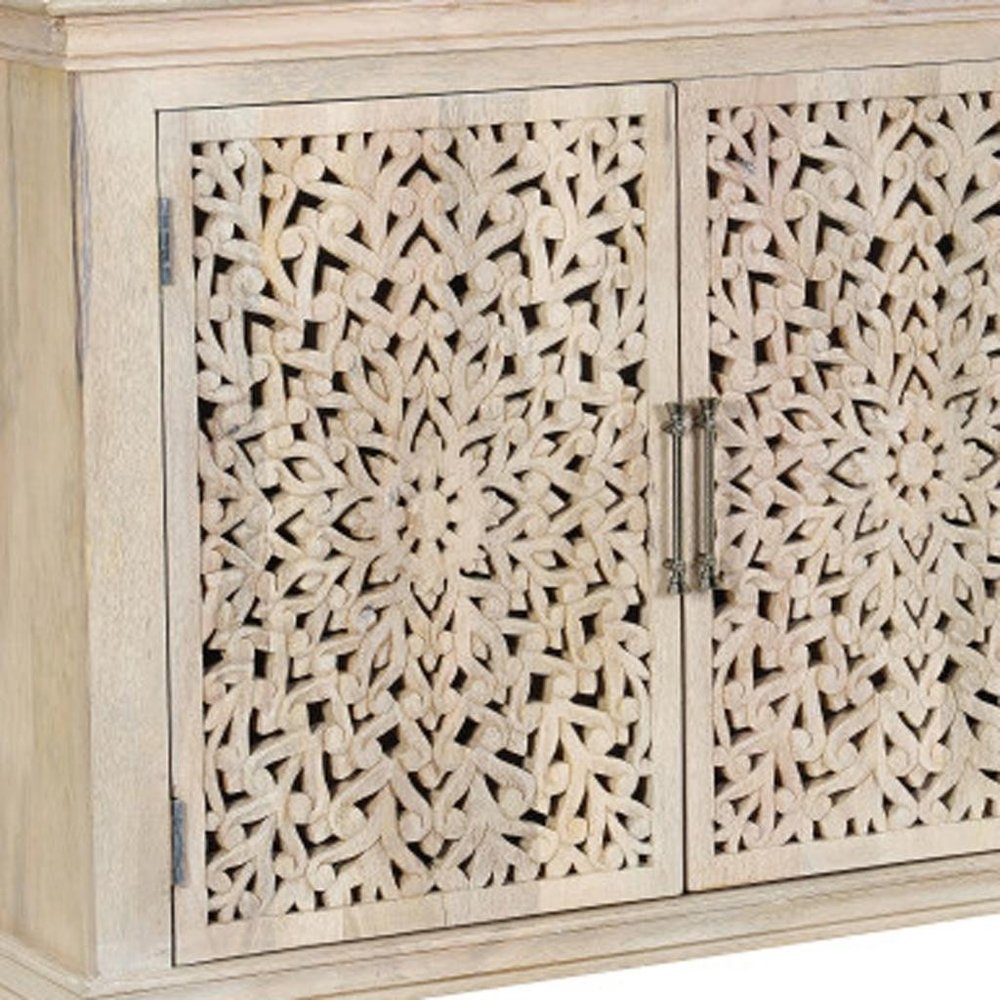 White Solid Wood Carved Floral Sideboard with Three Doors - 72-inch