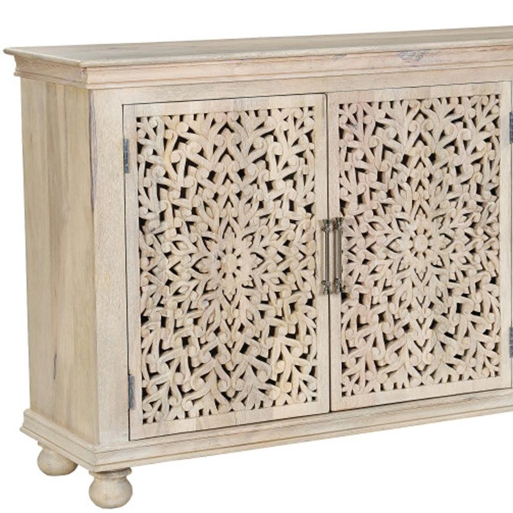 White Solid Wood Carved Floral Sideboard with Three Doors - 72-inch