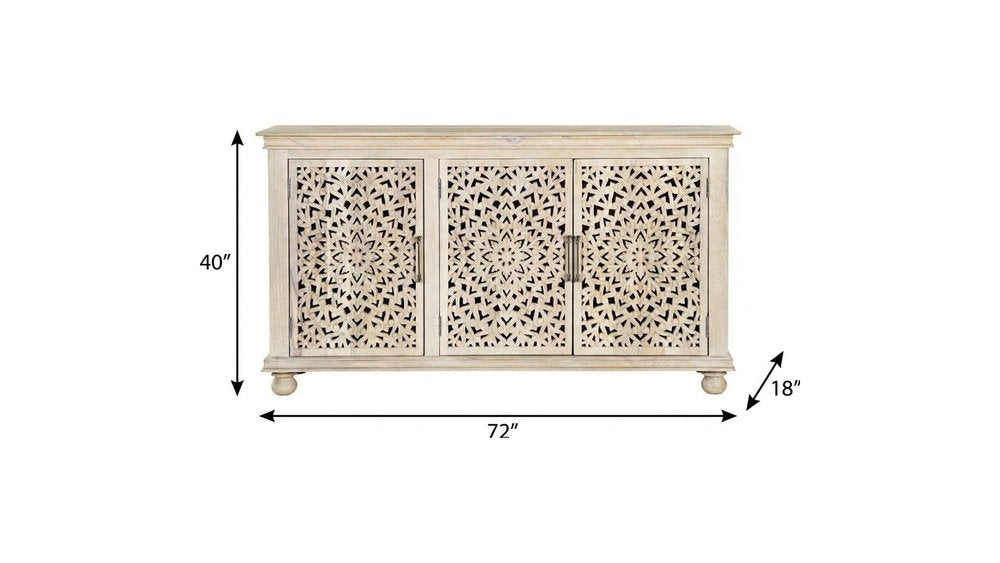 White Solid Wood Carved Floral Sideboard with Three Doors - 72-inch
