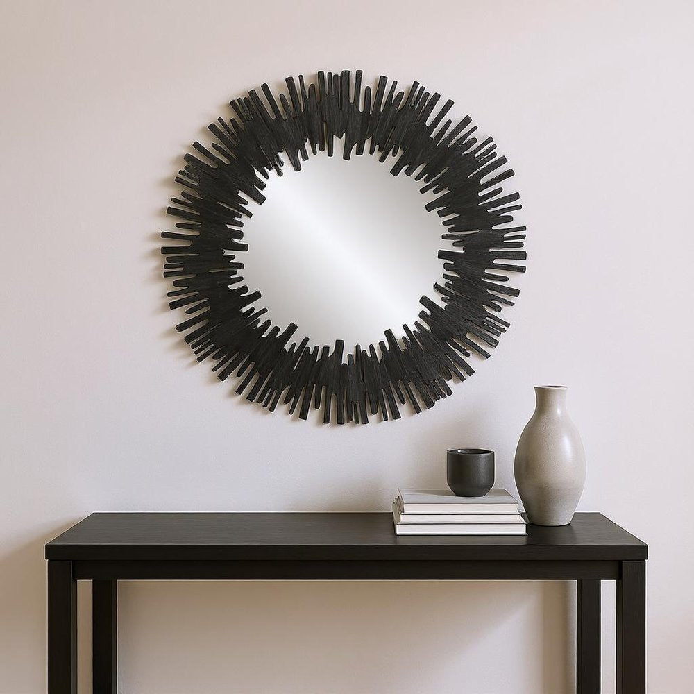 Black Wood Sunburst Framed Accent Mirror - 36-inch