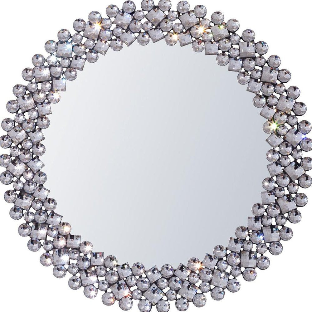 Silver Round Faux Crystal Bling Framed Accent Mirror - 26-inch
