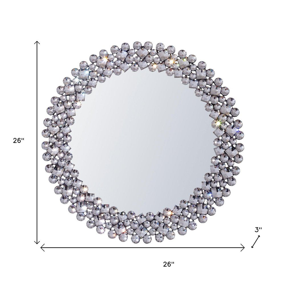 Silver Round Faux Crystal Bling Framed Accent Mirror - 26-inch