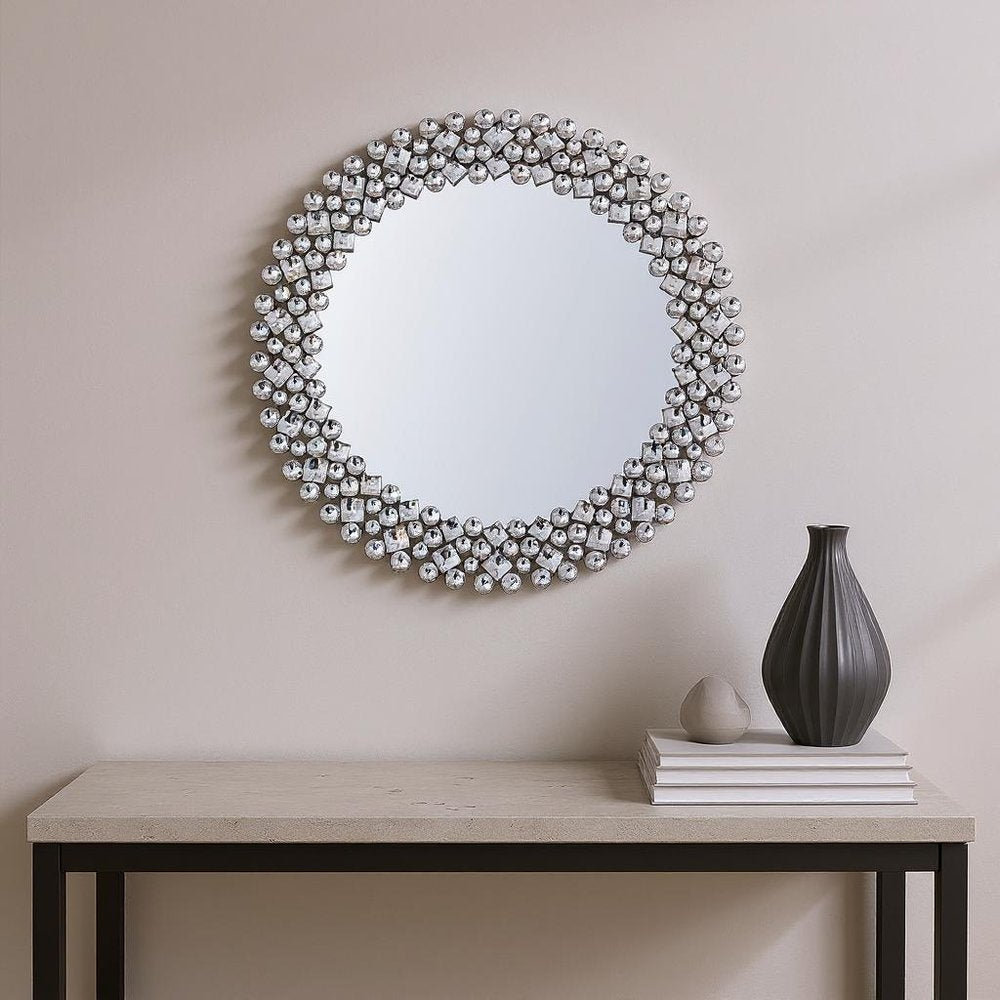 Silver Round Faux Crystal Bling Framed Accent Mirror - 26-inch