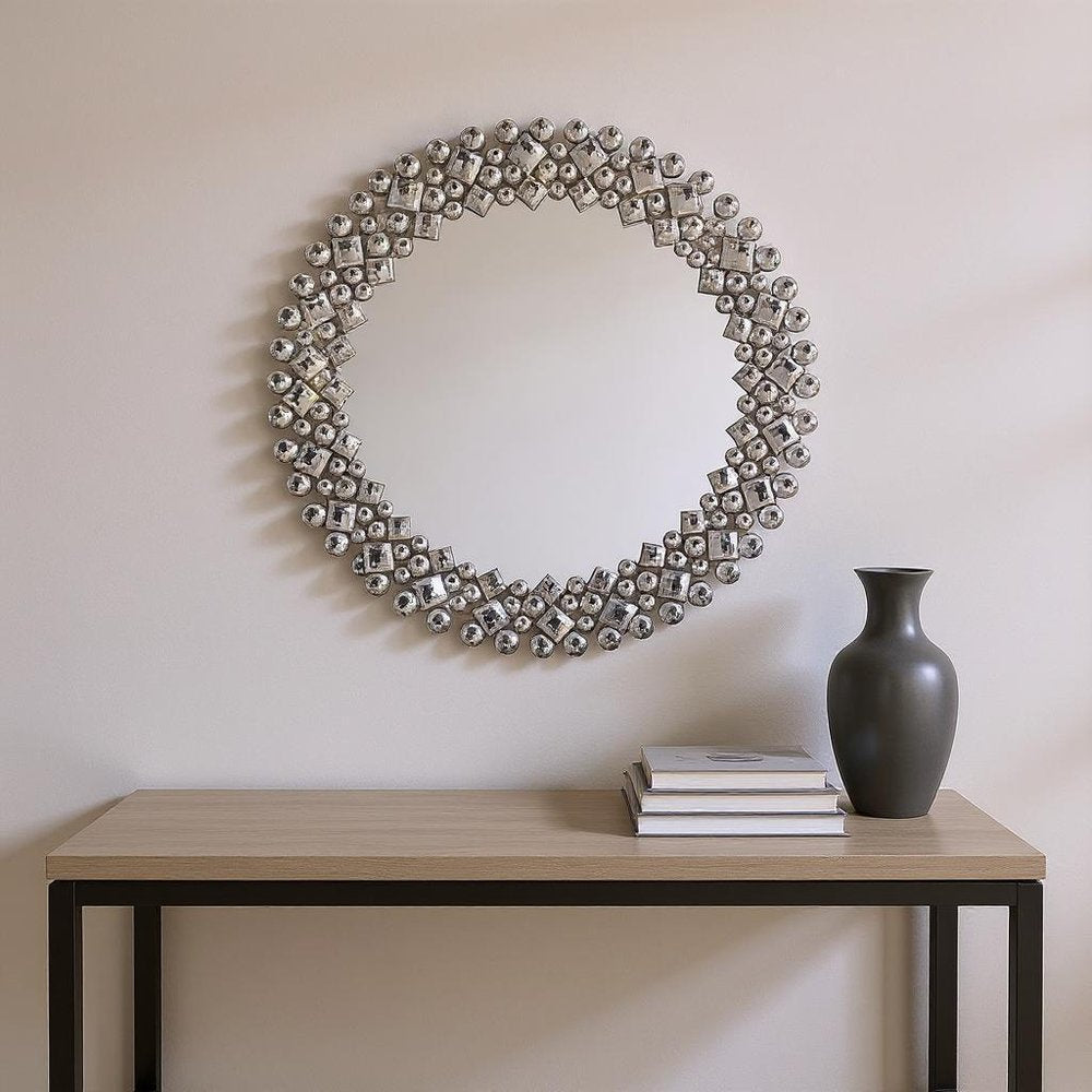 Silver Round Faux Crystal Bling Framed Accent Mirror - 20-inch