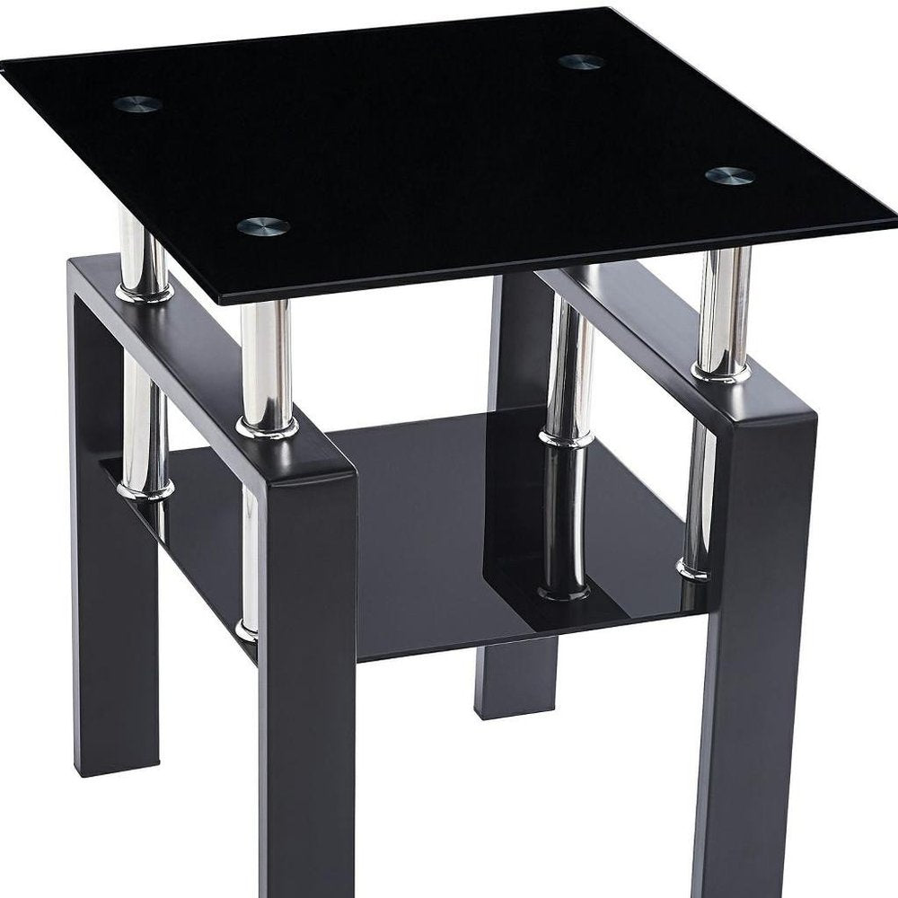 Black Glass and Metal Square End Tables with Shelf