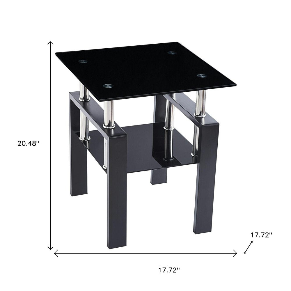Black Glass and Metal Square End Tables with Shelf