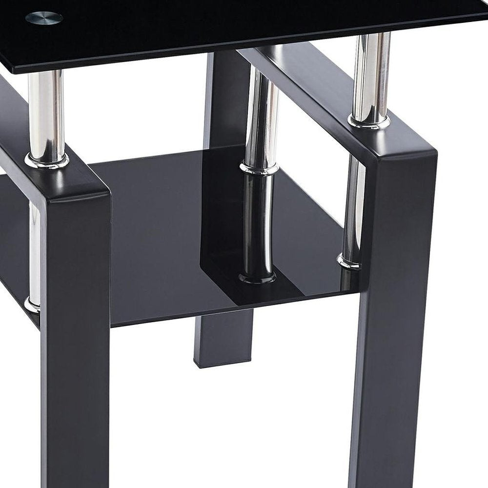 Set of Two Black Glass and Steel Square End Tables with Shelf