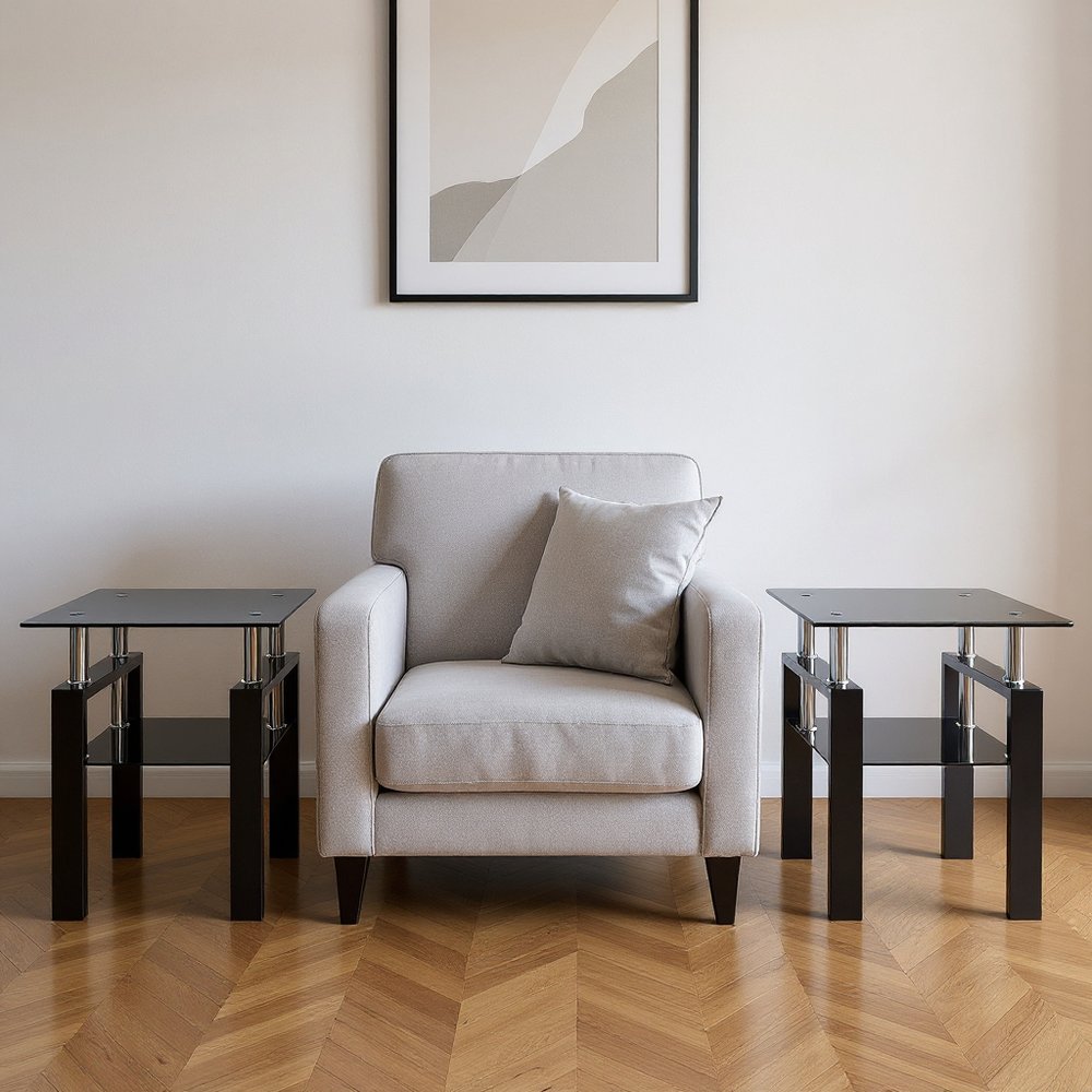 Set of Two Black Glass and Steel Square End Tables with Shelf